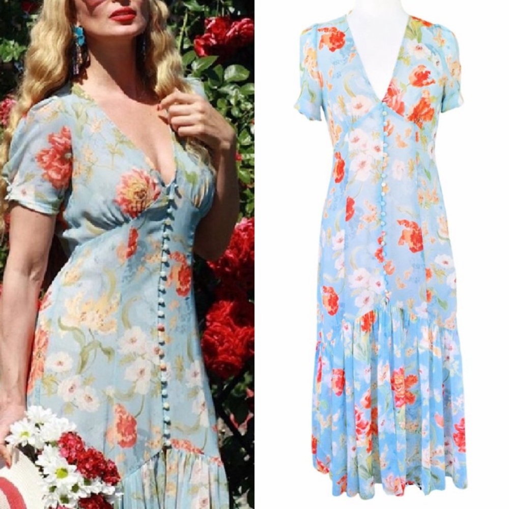 Zara Light Blue Floral Midi Dress with Red & Cream Flowers
